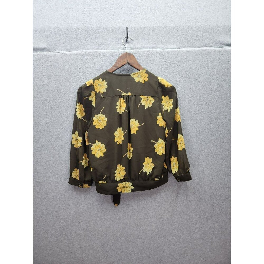 Madewell Womens XS Olive Green Floral Wrap Blouse With Tie Waist & Sheer Sleeves - Picture 4 of 4